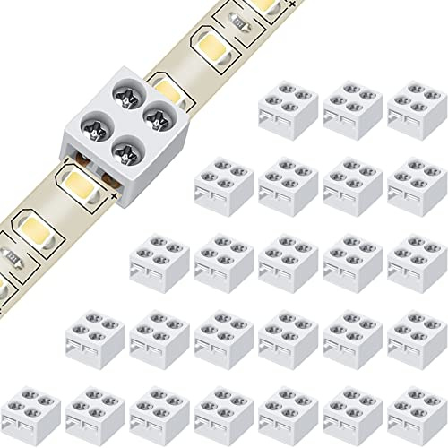 25 Pack Solderless LED Tape Light Connector Tape to Tape Screw Down Terminal Block Connector 2 Pin LED Connectors for Strip Lights 0.3 Inch/ 8 mm for 5V 12V 24V Single Color LED Strip Lights, White
