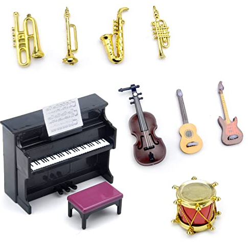 Lot de 11 Instruments de Musique Miniatures pour Maison de Poupée - Modèle 1/12 avec Mini Saxophone - Accessoires pour Lutin