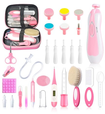 28 in 1 Baby Healthcare and Grooming Kit, Infant Baby Nursery Kit Electric Nail Trimmer Set with Gas Colic Passer Nasal Aspirator Nail Clipper Hair Brush Comb for Newborn Girls Boys (Pink)
