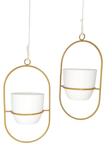 AQRICHFOX 2 Stück Metall hängende Pflanzgefäße mit Kunststofftöpfen, ovale Wandbehang Blumentöpfe Moderne Pflanzenhalter Eisen Blumenständer Home Decor Gold