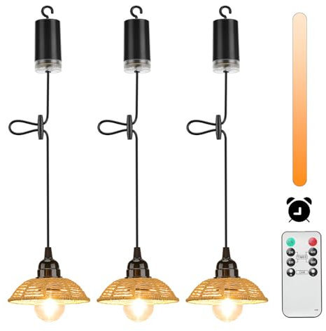 Lightsjoy 3 Piezas Lampara Techo Colgante Exterior,Regulable Lámpara Techo Vintage Ratan Con Control Remoto Para Interior Comedor,Escaleras,Salon, Dormitorio, Camping Impermeable Exterior ip65