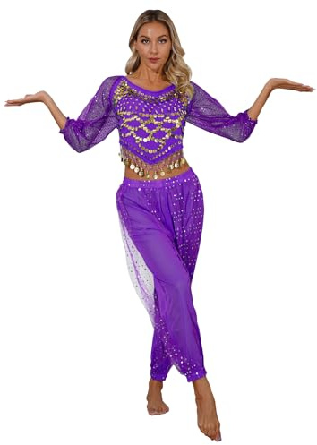 Freebily Donne Danza del Ventre Professionale Costume Danza Indiana Asiatico Arabo Vestito Danzatrice del Ventre Costume per Ballare Egiziano Arabian Performance Outfit Viola Taglia unica