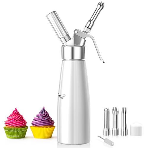 Newaner 500 ml sifón de Cocina espumas, sifon de Nata Aluminio con 3 boquillas Acero Inoxidable y 1 Cepillo, dispensador de Crema para Decorar Pasteles de cumpleaños, pastelería, Helados y postres