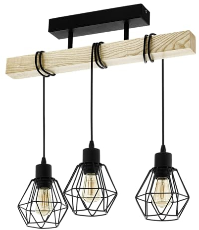 Eglo Ceiling Light Fitting Townshend 5, 3-Light Vintage Pendant Lighting, Industrial Hanging lamp for Living Room, Black Metal and Natural Wood, FSC, E27 Socket