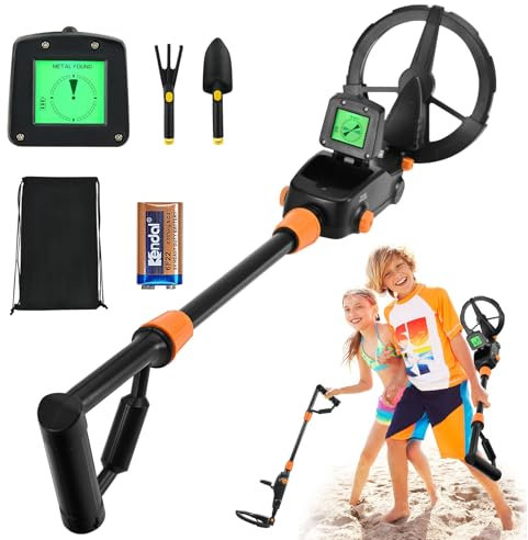 Metalldetektor Kinder, Leichter Metalldetektor mit LCD-Display und wasserdichter Suchspule, Hochpräziser Metalldetektor für Kinder mit Rechen, Schaufel, Rucksack, Geschenk für Kinder, Anfänger