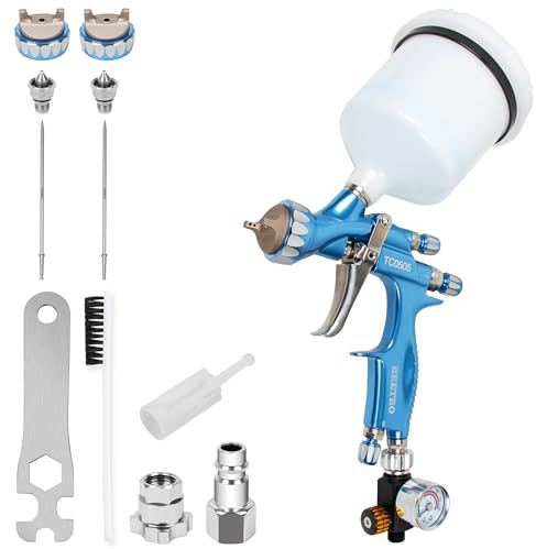 BEETRO HVLP Pistola a Spruzzo ad Aria Compressa Professionale, Ugello da 280-320 mm con Ugello Largo da 1,3/1,4 mm, Capacità di 600 ml (azzurro)