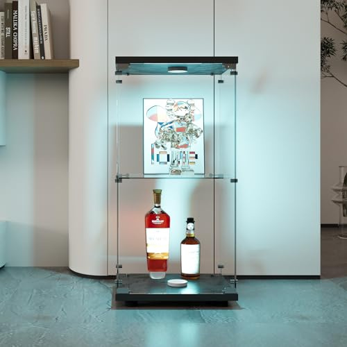 BLSYHDH Vitrina de Cristal con LED, Armario Vitrina para Colección con 1 Puerta, 2 Estantes Transparentes, Mueble Vitrina de Cristal, Estatuilla de Gabinete, Salón, Bar (2 Pisos, 1)