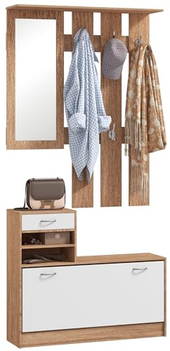 HOMCOM Ensembles 3 en 1 de Meuble d'entrée vestiaire avec Panneau Porte-Manteau, Miroir et Banc à Chaussures - 6 Crochets et étagère réglable, Aspect Bois de Noyer, Blanc