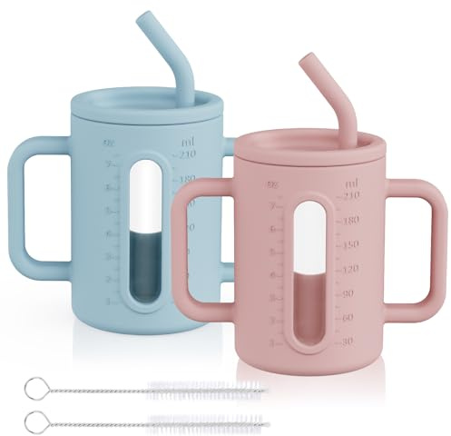 HOTUT 2-pack silikonpipmugg för småbarn, glaskoppar för småbarn med silikonärmar och sugrör med proppar, 237 ml babyträningsmugg för spädbarn, småbarn och barn