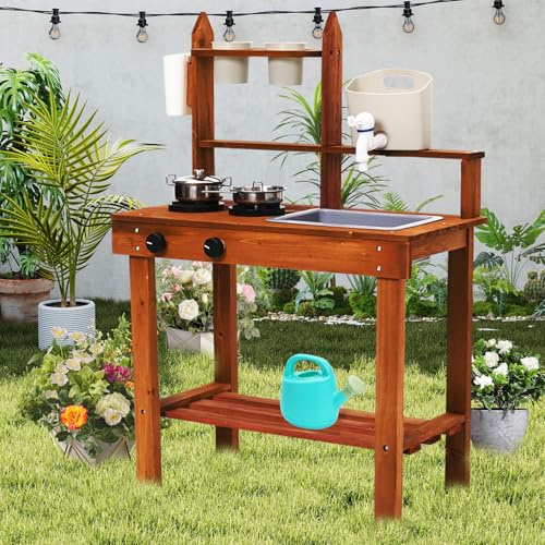 Wooden Mud Kitchen Playset for Kids,Large Pretend Role Play Kitchen Indoor with Realistic Accessories,Sink,Taps,kids Outdoor Play Equipment,Garden Sensory Toy,Gifts For Boys and Girls Ages 3+