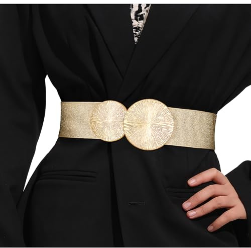 VONMELLI Damen Breiter Elastischer Gürtel mit Goldener Schnalle für Kleid Stretchy Vintage Taillengürtel für Damen Gold(Gold Schnalle) L