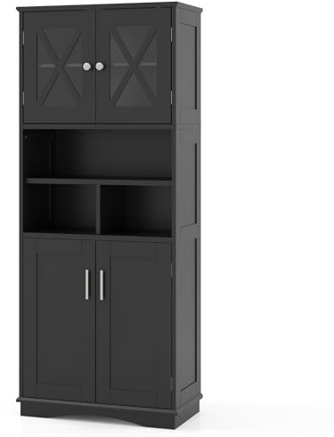 GIANTEX Colonne Salle de Bain en MDF, Armoire Haute Salle de Bain à 4 Portes, 3 Étagères Réglables, 3 Comportements Ouvertes, Design Imperméable, Meuble Rangement 60 x 30 x 145 cm (Noir)
