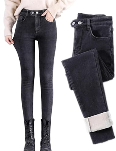 Jean doublé en polaire pour femme - Taille haute - Doublure épaisse et chaude - Doublure extensible - Pantalon thermique doublé en polaire, c2, XL