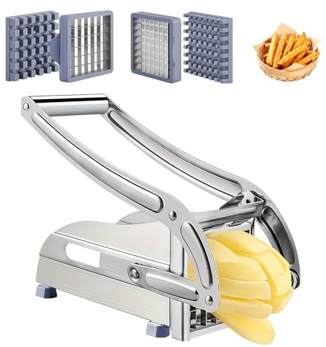 BUERPINKING Cortador de patatas fritas de acero inoxidable, cortador de patatas, prensa de patatas fritas con 2 tamaños de hoja (36/64 cuadrículas) y base de succión antideslizante, cortador de