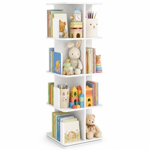 ZZINOKE Bibliothèque rotative à 360° pour enfants, 4 niveaux, étagère à jouets, étagère pour enfants, convient pour chambre d'enfant, bureau, salon, carrée, blanche