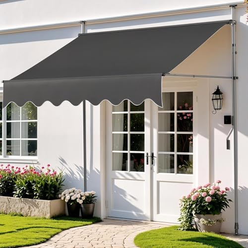 Justerbar infällbar uteplatsmarkis 98 x 47 tum – UV-skydd, vattentät, ingen borrning krävs, manuellt vevhandtag – grå, 138in / 350 x 120 cm (138 tum) solskydd för utomhusbruk