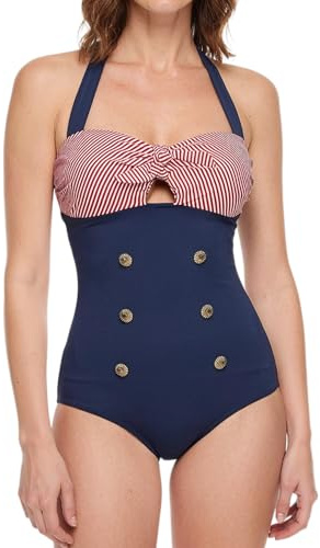 Bslingerie® Ladies Retro Vintage Push Up Plus Size Monokini One Piece Swimwear (3XL, Red Navy Blue)