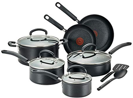 T-Fal Titanium Advanced Antihaft-Kochgeschirr-Set, 12-teilig, Thermo-Spot-Wärmeanzeige, inklusive Bratpfannen, Sautepfanne, Dutch Oven mit Deckel und Utensilien, spülmaschinenfest, schwarz