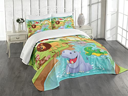ABAKUHAUS Kinder Tagesdecke Set, Safari afrikanische Tiere, Set mit Kissenbezügen Mit Digitaldruck, für Doppelbetten 220 x 220 cm, Apfelgrün Braun