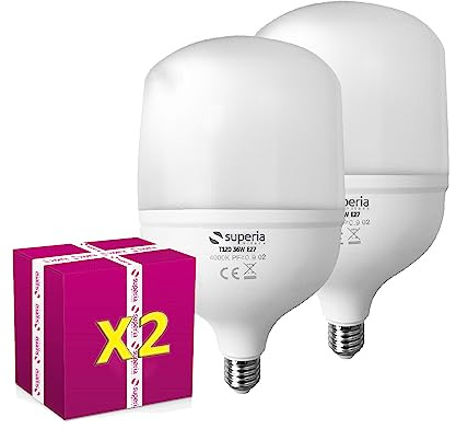 Superia Lampadina LED A T ULTRALUCE E27 potente, 36W (Equivalenti 290W), Luce Naturale 4000K, 3600 lumen, BU36N, Pacco da 2