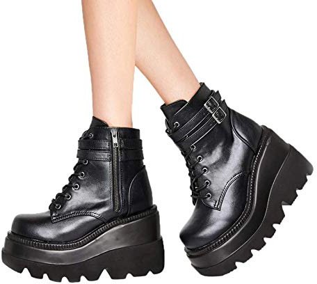 Botines casuales mujer Zapatos de tacón con plataforma cuña multicolor Botines para mujer Moda para mujer Cremallera Botas plataforma gruesa Zapatos impermeables punta redonda Bota,Negro,US5