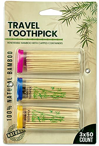DecorRack 3 Travel Toothpick Dispensers with 150 Natural Bamboo Toothpick Holders, Portable Single-Point Wood Container with Covers, On the Go, Clear Mini Holders (Pack of 3)