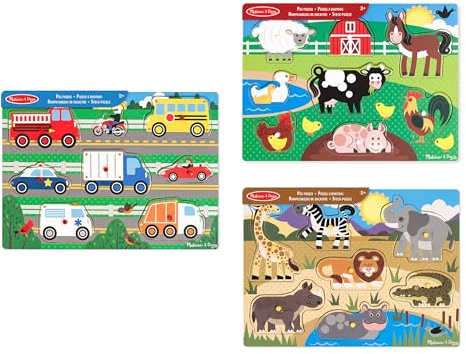 Melissa & Doug Pack de 3 Puzzles de Encaje de Madera, Animales de la Granja, Safari y Vehículos, Puzzle, Rompecabezas de Madera para Niño, 3+ Años, Regalo para Niño O Niña