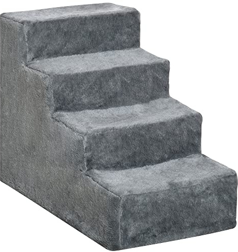 PawHut Escalera para Perros de 4 Peldaños Escalera para Mascotas con Funda Extraíble y Lavable para Cama Sofá 60x35x44 cm Gris