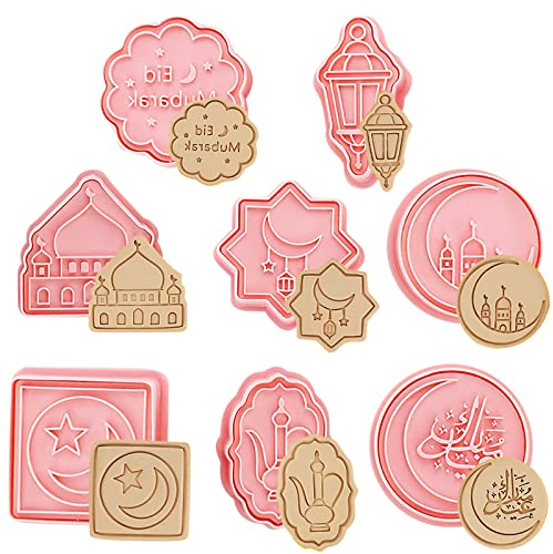 8pcs Eid Mubarak Cookie Cutters Ramadan Mubarak Cookie Stamp 3D Pressable Muslim Biscuit Mold Baking Tools for Eid Mubarak Party Decoration