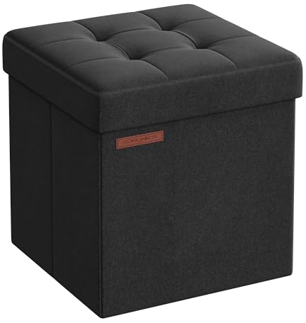 SONGMICS Puff Almacenaje 38 cm, Baúl de Almacenaje, Taburete Reposapiés, Negro Tinta LSF27B01