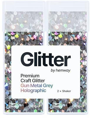Hemway Craft Glitter Shaker Gun Metal Grey Holographic 110g x2 Super Chunky | for Resin & Epoxy Crafts, Christmas Art Supplies, Nail, Body, Face, Eye, Festival, Crafting, Slime, Sparkle