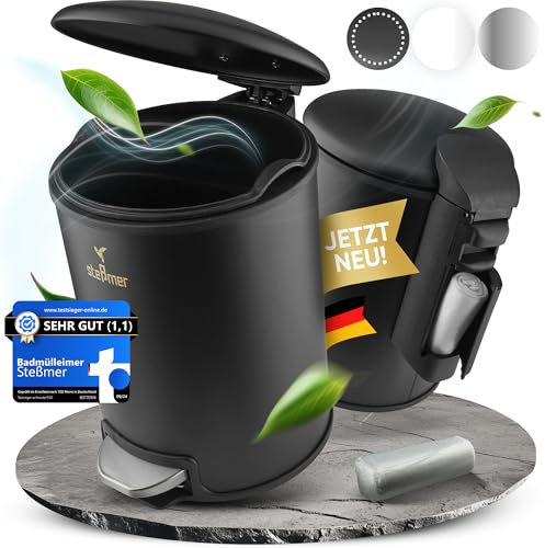 STESSMER Badezimmer Mülleimer klein schwarz matt 5 Liter – geruchsdichter kleiner Mülleimer Bad, Treteimer 5l + Deckel, Beutelfach, rutschfest, Soft‑Close, Badmülleimer 5l/Kosmetikeimer schwarz für WC