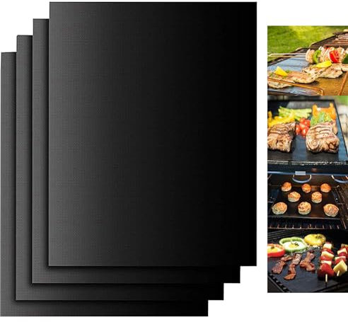 BBQ Grill Mats for Indoor & Outdoor, 4 Pcs Grill Cooking Mat, 100% Non-Stick Reusable Mats for Gas, Charcoal, Oven or Electric Grills 40CM x 33CM (Black)