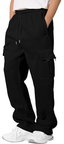 CMTOP Pantalon Chandal Hombre Algodón Pantalones Cargo de Deporte Invierno Termico Pantalón Chandal con Forro Polar Anchos Casuales Pantalones Jogger con Cordón y Bolsillos(Negro, M)