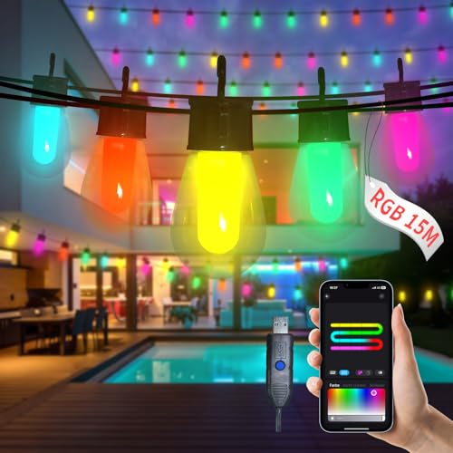 15M LED Halloween Lichterkette Außen Bunt Strom 20 RGB S14 Glühbirne,Smart App mit 99+ Modi und Timer, für Outdoor Wasserdicht Terrasse, Hinterhof, Party, Hochzeit, Garten, Balkon (USB)