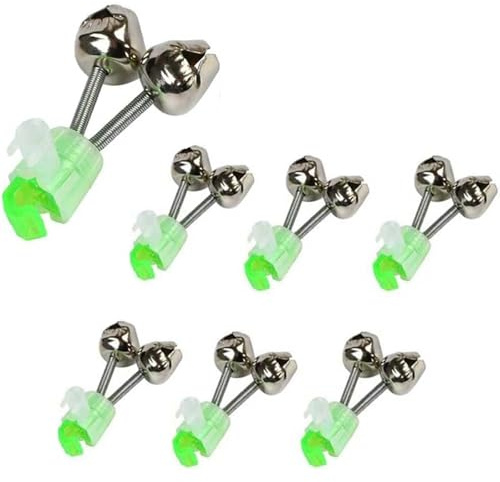 6 Pcs Fishing Rod Bells with Clip – Double Bell Bite Alarm for Night & Ice Fishing, Green ABS Clip with Silver Galvanized Metal Bells