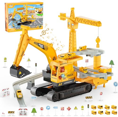 Aragallant Bagger Kran Spielzeug, LKW Spielzeug Set mit Musik, Lichter, 8 Fahrzeuge und Autorennbahn, Baustellenfahrzeuge Kinder, Lernspielzeug für Junge Mädchen, Geschenk für Kinder