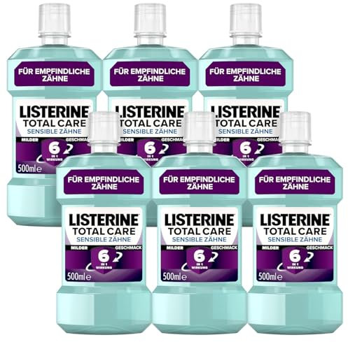 Listerine Total Care Sensible Zähne (6 x 500 ml), schützende Mundspülung für schmerzempfindliche Zähne mit 6 in 1 Wirkung, Rundumschutz für sensible Zähne