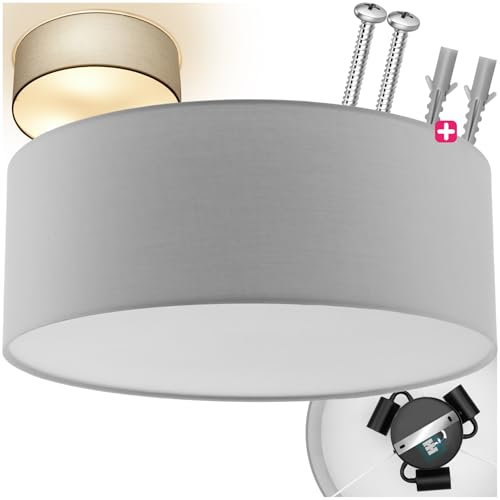 tectake® Lampe, Deckenlampe, Deckenleuchte mit Lampenschirm aus Textil, Leinenoptik, Hängelampe, Deckenlampe für Jugendzimmer, Wohnzimmer, als Küchenlampe, Esszimmerlampe oder Flur Licht - grau