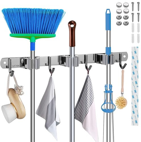 Besenhalterung Wand – Gerätehalter mit 3 Haltern & 4 Haken – Selbstklebend & Schraubbar – Edelstahl Rostfrei – für Besen, Mops, Werkzeuge, Küche, Garage & Garten