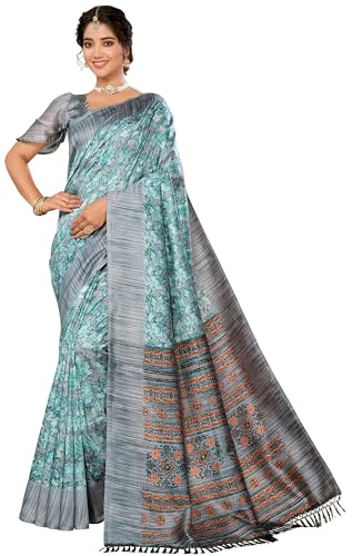 IMTRA FASHION Sari Etnico Per Donna Sari In Seta Artistica Litchi Stampato Indiano Con Pezzo Di Camicetta Non Cucito-Verde