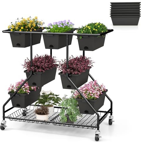 HOMASIS Jardinière surélevée à 3 étages avec roulettes, 7 bacs à fleurs et grille en métal, jardinière verticale avec trous de drainage, jardinière en métal, parterre de légumes, pot de fleurs pour