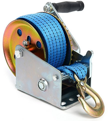 FreeTec Cabrestante manual de 453,6 kg, color azul, con correa de 8 m, cabrestante manual con freno para taller, garaje, remolque, cabrestante para barco