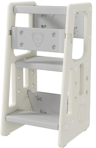 HOMCOM Torre de aprendizaje Torre de observación Montessori para niños de 18 meses a 5 años Altura regulable en 3 niveles en HDPE Carga máx. 65 kg 47 x 47 x 90 cm gris crema