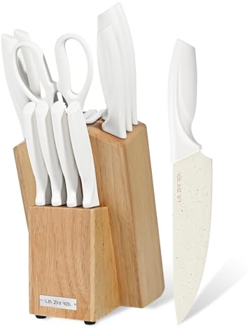 LIN ZHI REN Juego de 13 Cuchillos de Cocina con Bloque y Afilador Integrado | Acero Inoxidable | Mango Ergonómico Antideslizante | Apto para Lavavajillas | Color Blanco