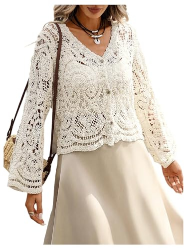 GORGLITTER Women's Crochet V Neck Button Down Cardigans Hollow Out Long Sleeve Boho Holiday Tops Apricot Medium