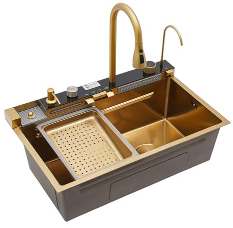 Diskbänk, vattenfall handfat, multifunktionell diskbänk med vattenfall och utdragbar kran, inbyggd diskbänk 1 handfat, hållbar, guld (75 x 46 x 22 cm)