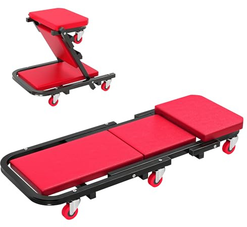 HOMCOM Carro de Montaje 2 en 1 Carro de inspección de mecánico Plegable en Z 150 kg de Carga, 6 Ruedas giratorias 360°, Taburete de Taller con función de Asiento y Tumbado, para Garaje, pícaro