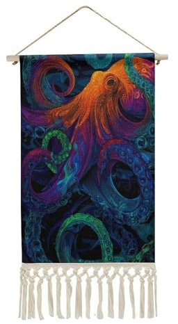 Jubonexis Arazzo da parete in lino, polpo neon con tentacoli vorticosi, poster da parete vintage con nappa e asta in legno