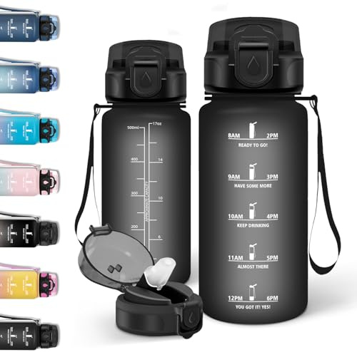 Motswedi Borraccia 0.5 litri, con Cannuccia, Borraccia Palestra, a Prova di Perdite, Bottiglia acqua, Con Marca Temporale, Bottiglia Acqua per Campo da Tennis, Scuola, Campeggio, Bicicletta - Nero